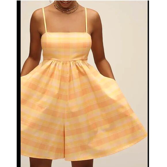 $158 Anthropologie HUTCH Bandeau Romper | sz L, Orange Yellow Plaid NEW! - Picture 5 of 11